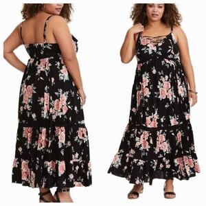 Torrid Black Floral Maxi Dress tie front top tassles 0XL Large grunge